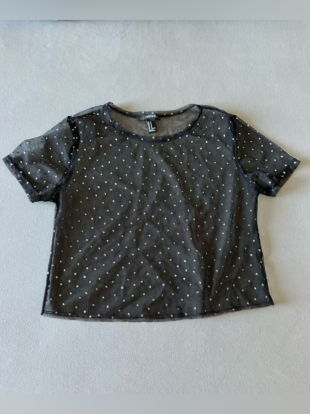Forever 21 Black Sheer Mesh Glitter Polka Dot Short Sleeve Top